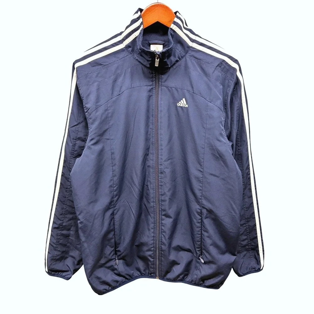 Adidas 3-Stripes Full Zip Windbreaker Track Jacket Mens S Navy Blue Sporty Y2K